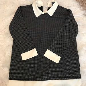 Black patterned blouse with faux blouse collar